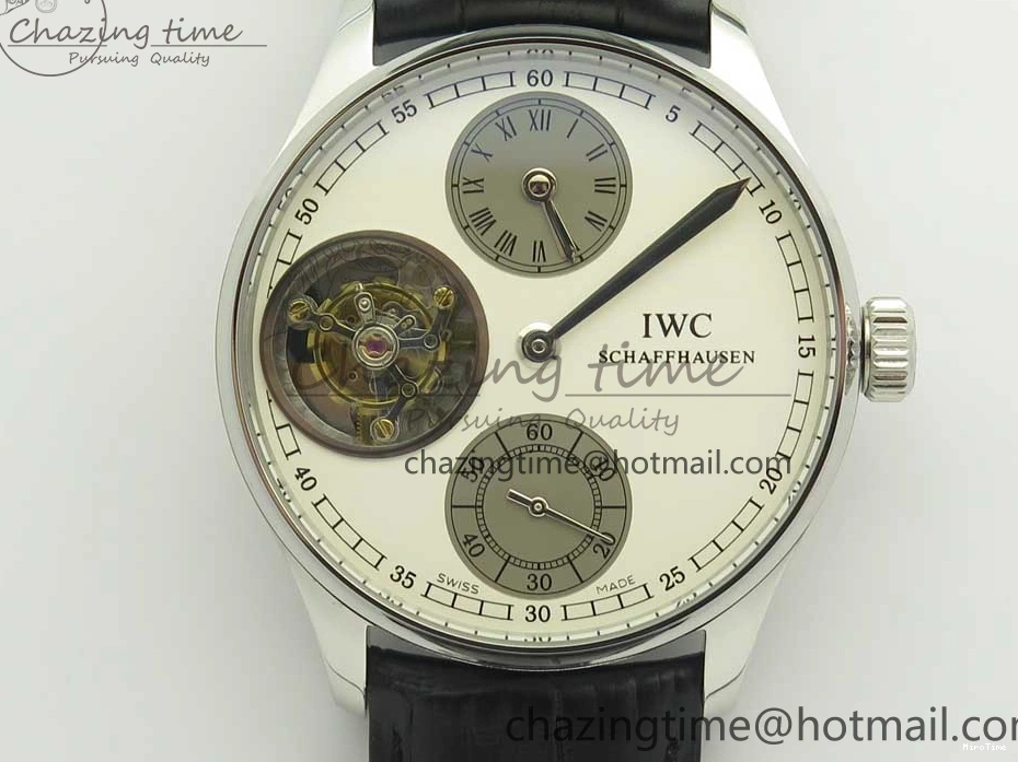 MIROTIME 0331 Upgraded Portuguese Flying Tourbillon SS White Dial 2 Sub Dials on Black Leather Strap 7161